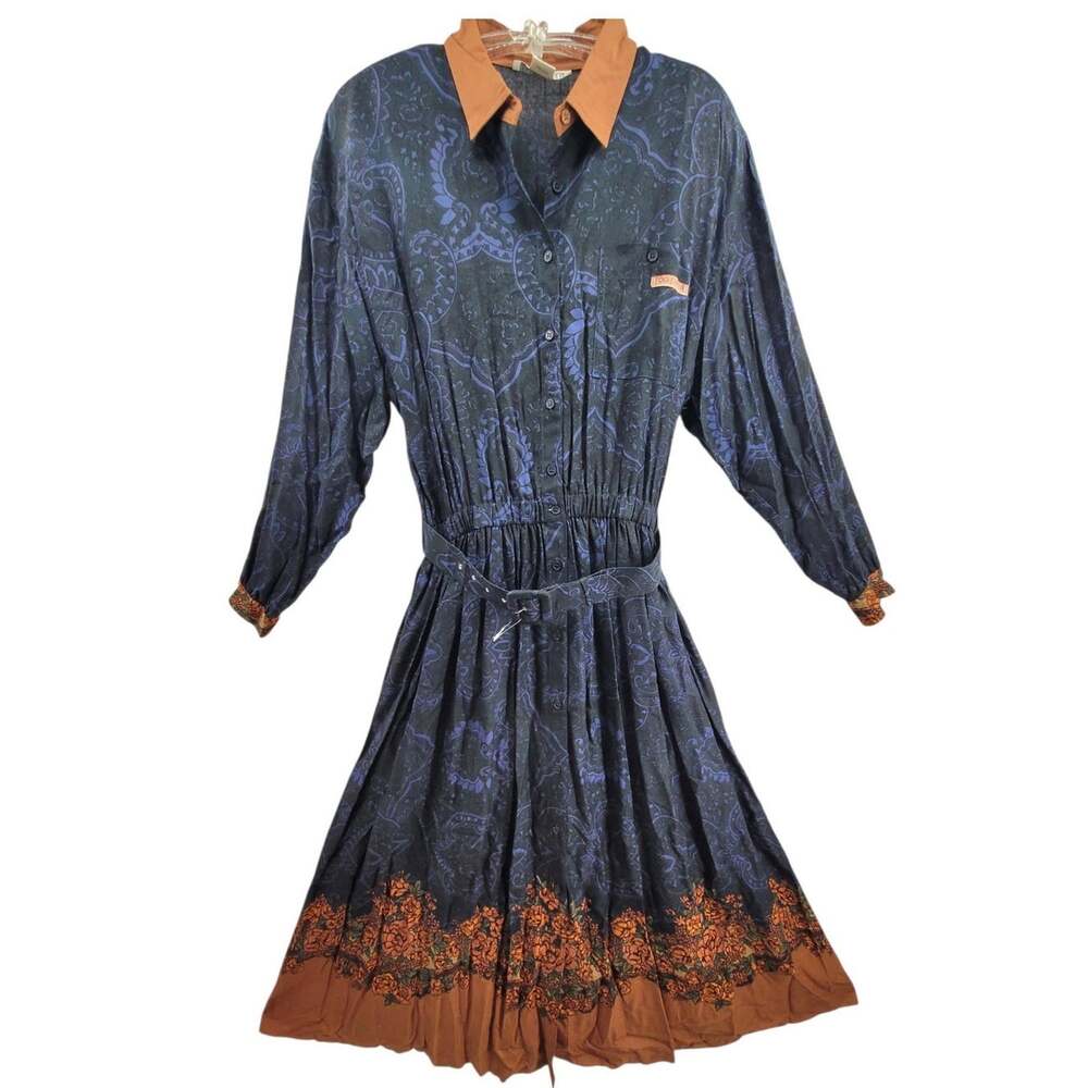 Together Paisley Shirt Dress Vintage 80s Rayon Belted Blue Brown Floral Midi